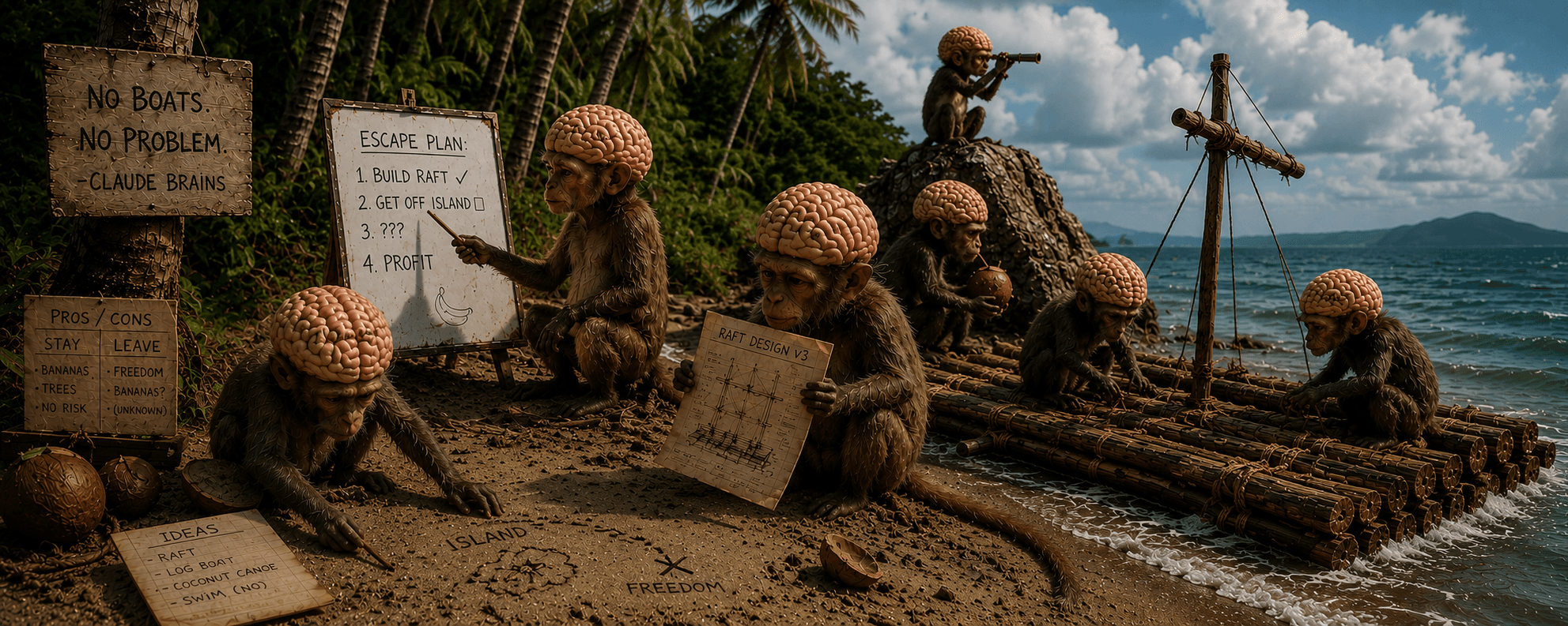 Monkeys with exposed brain-like skulls gathered on a beach around an 'Escape Plan' whiteboard, building a raft, with a 'No Boats, No Problem' sign and a circle drawn in the sand.